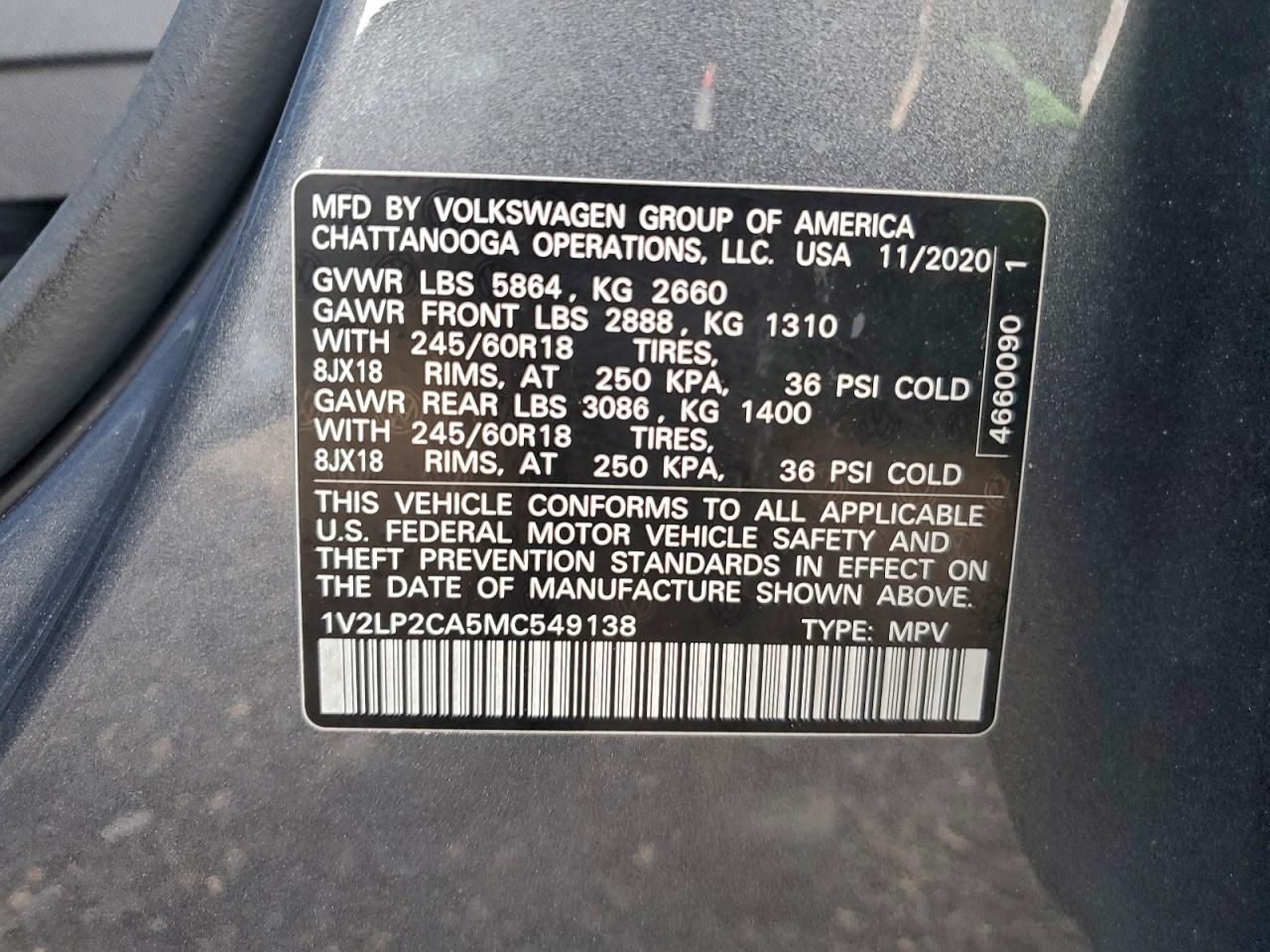 2021 Volkswagen Atlas Se VIN: 1V2LP2CA5MC549138 Lot: 85440895