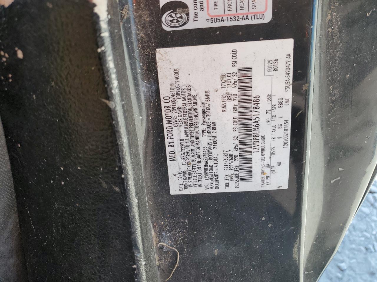 2010 Ford Mustang VIN: 1ZVBP8EN6A5178486 Lot: 93430765