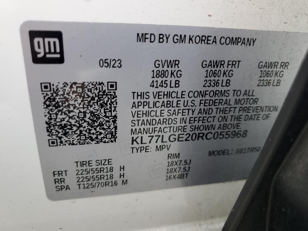 2024 Chevrolet Trax 1Rs VIN: KL77LGE20RC055968 Lot: 93561665