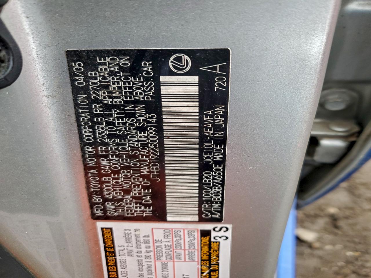 2005 Lexus Is 300 VIN: JTHBD192250099143 Lot: 91944585