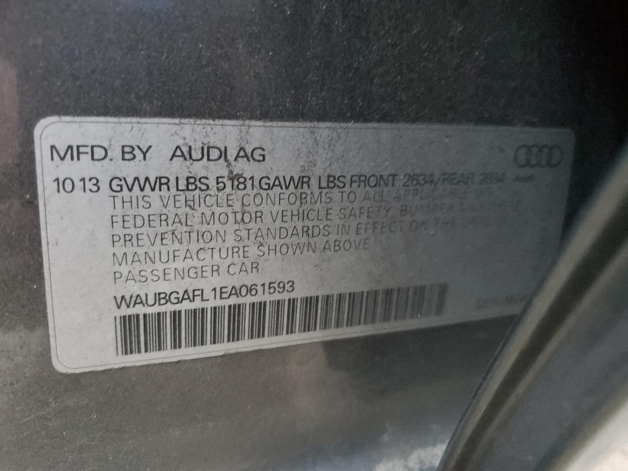 2014 Audi S4 Premium Plus VIN: WAUBGAFL1EA061593 Lot: 93191535