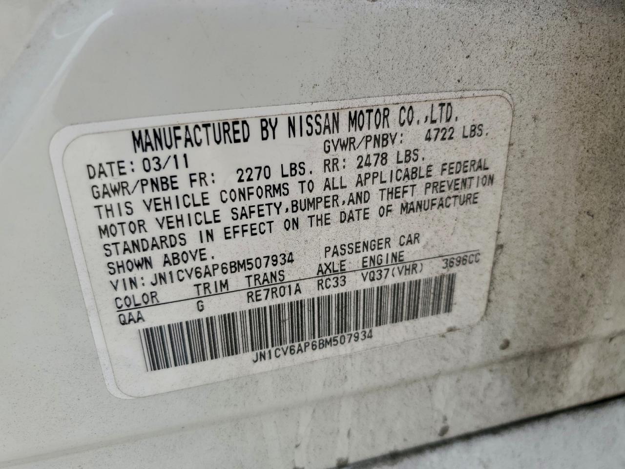 2011 Infiniti G37 Base VIN: JN1CV6AP6BM507934 Lot: 93962285