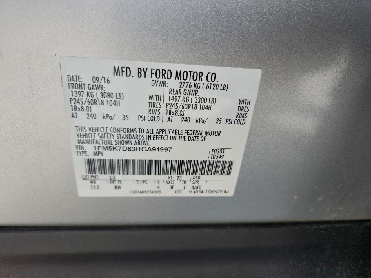 2017 Ford Explorer Xlt VIN: 1FM5K7D83HGA91997 Lot: 94455015