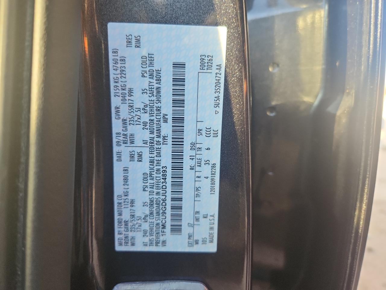 2018 Ford Escape Se VIN: 1FMCU9GD6JUD34893 Lot: 92067635