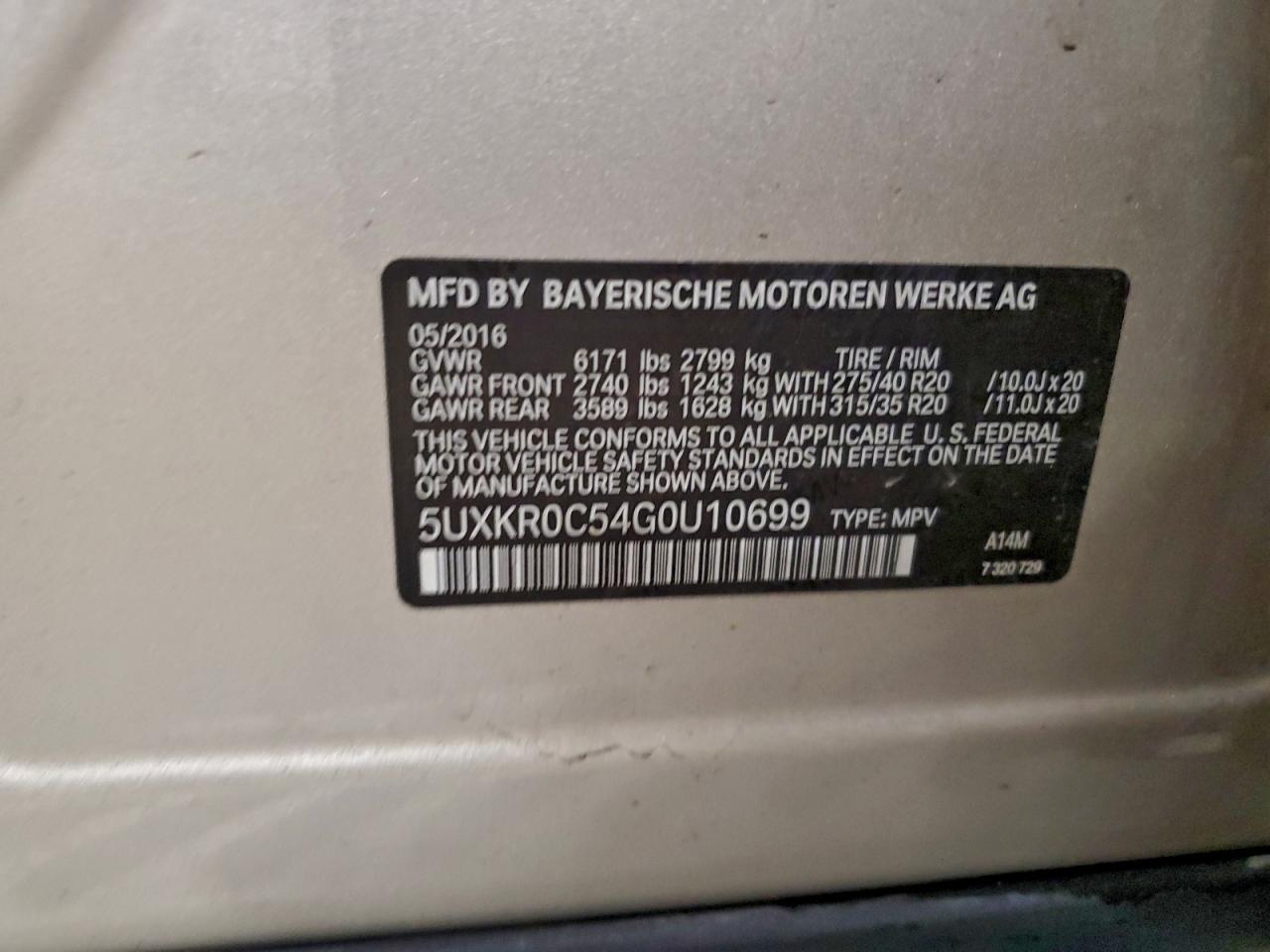 2016 BMW X5 xDrive35I VIN: 5UXKR0C54G0U10699 Lot: 94464865