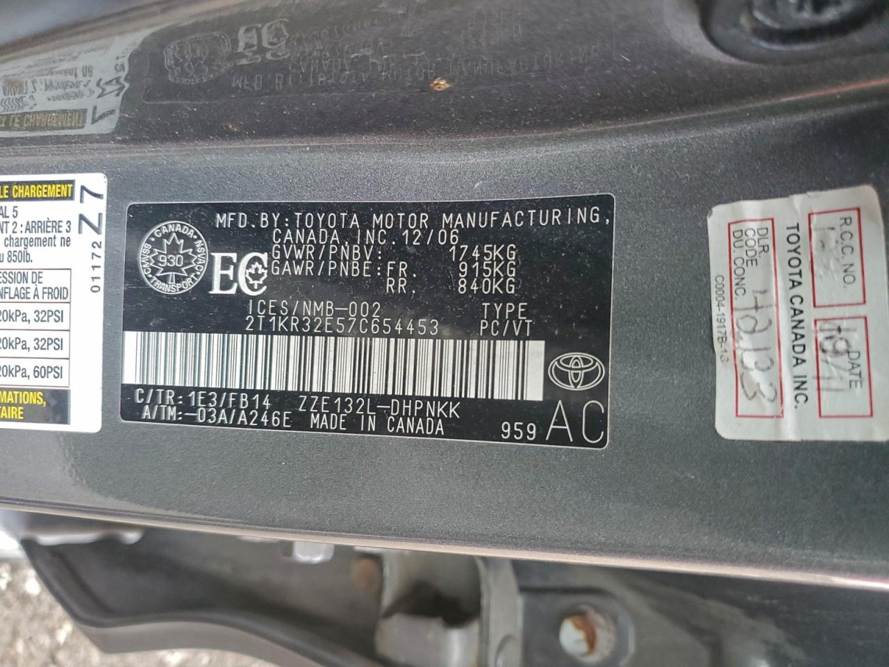 2007 Toyota Corolla Matrix Xr VIN: 2T1KR32E57C654453 Lot: 93047055