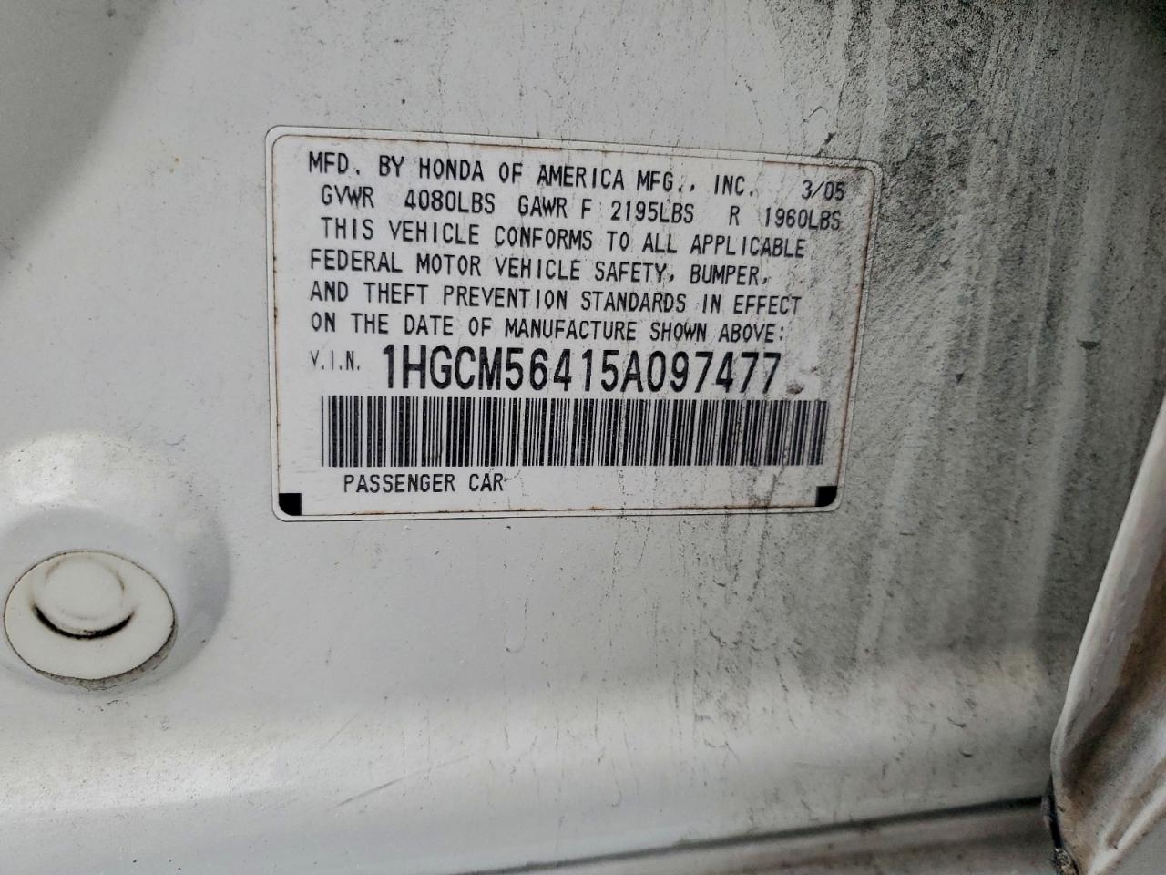 2005 Honda Accord Lx VIN: 1HGCM56415A097477 Lot: 94263165