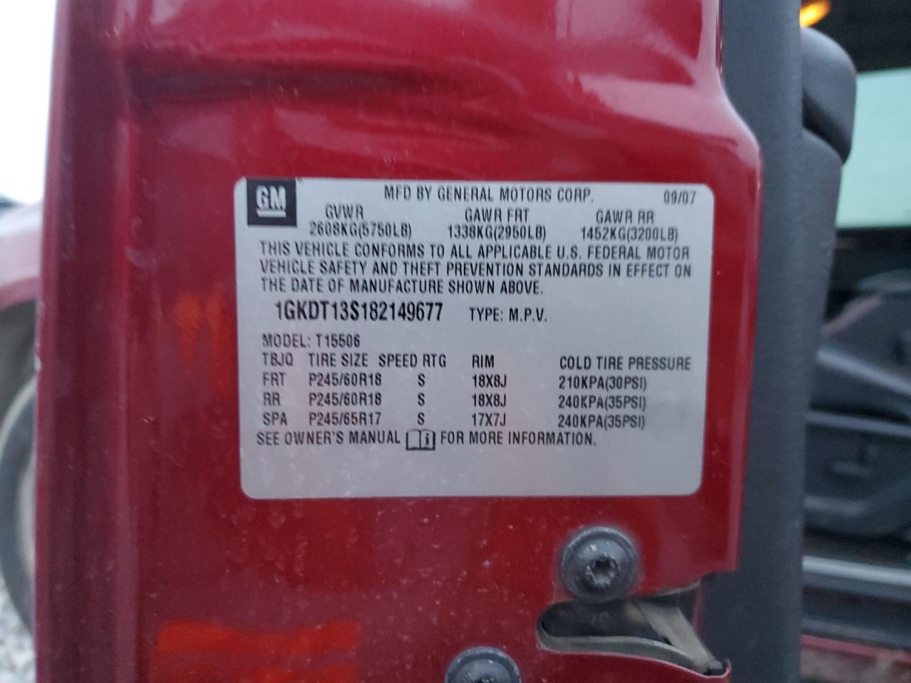 2008 GMC Envoy VIN: 1GKDT13S182149677 Lot: 91026535