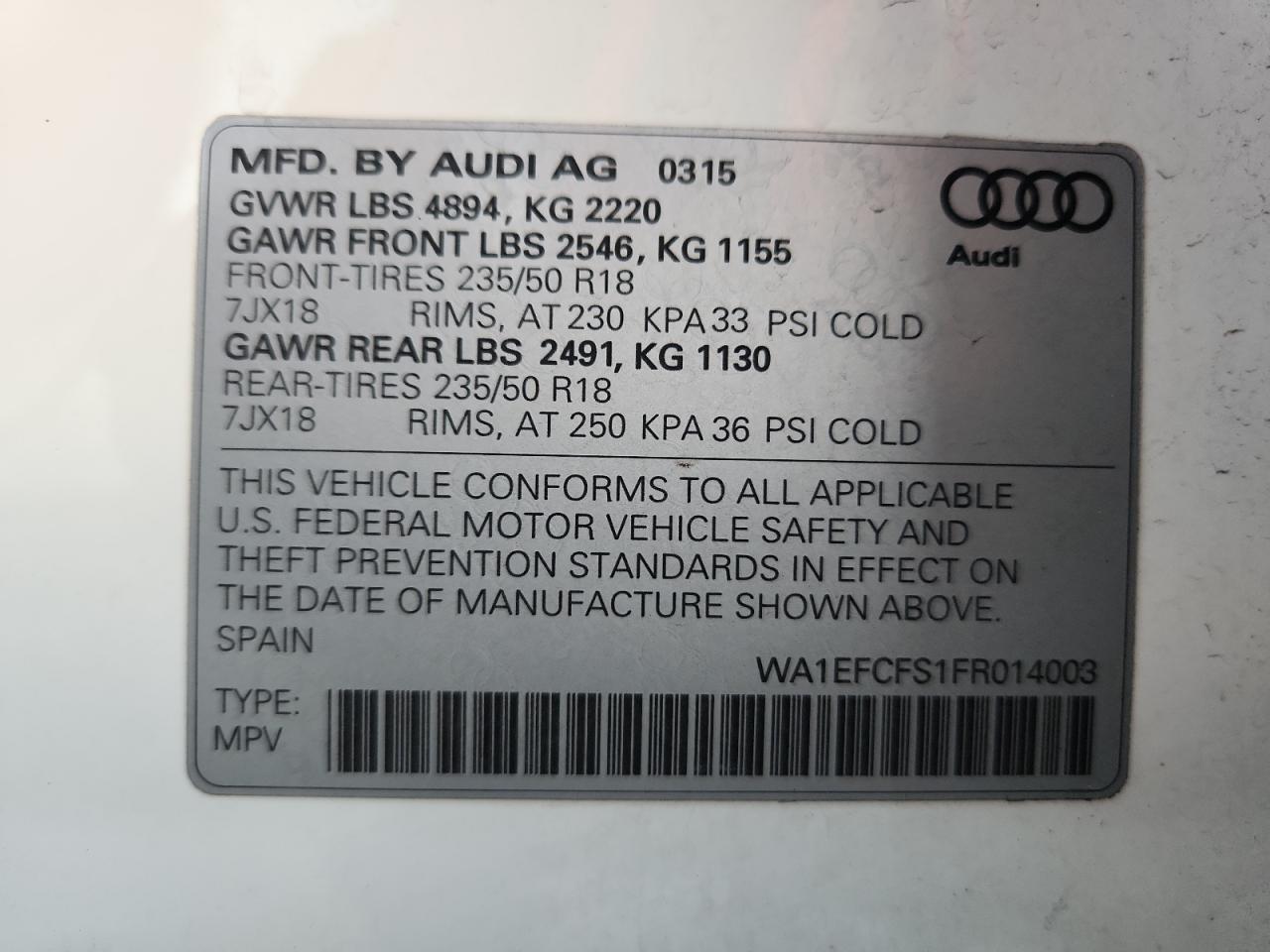 2015 Audi Q3 Premium Plus VIN: WA1EFCFS1FR014003 Lot: 90931115