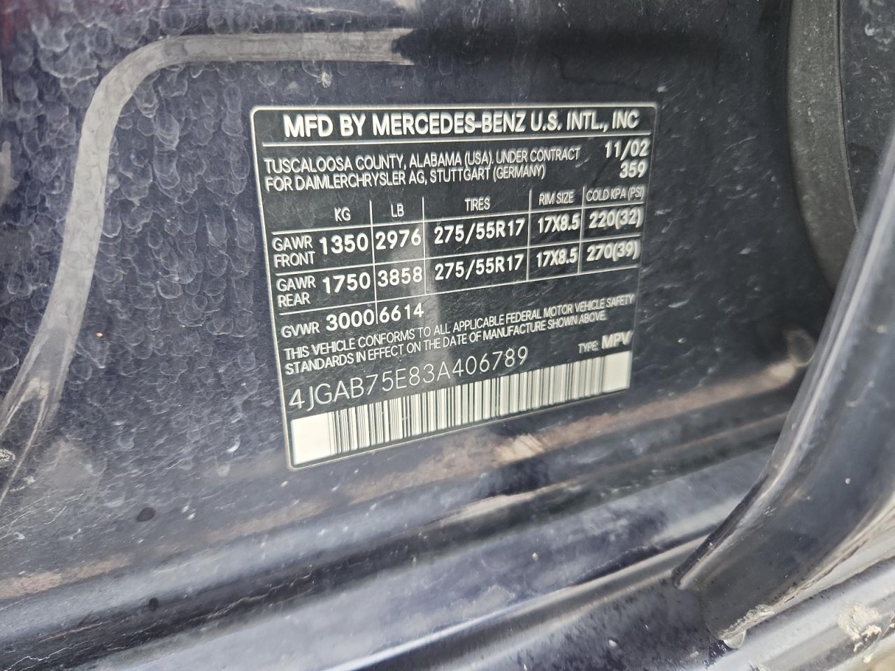 2003 Mercedes-Benz Ml 500 VIN: 4JGAB75E83A406789 Lot: 92006665