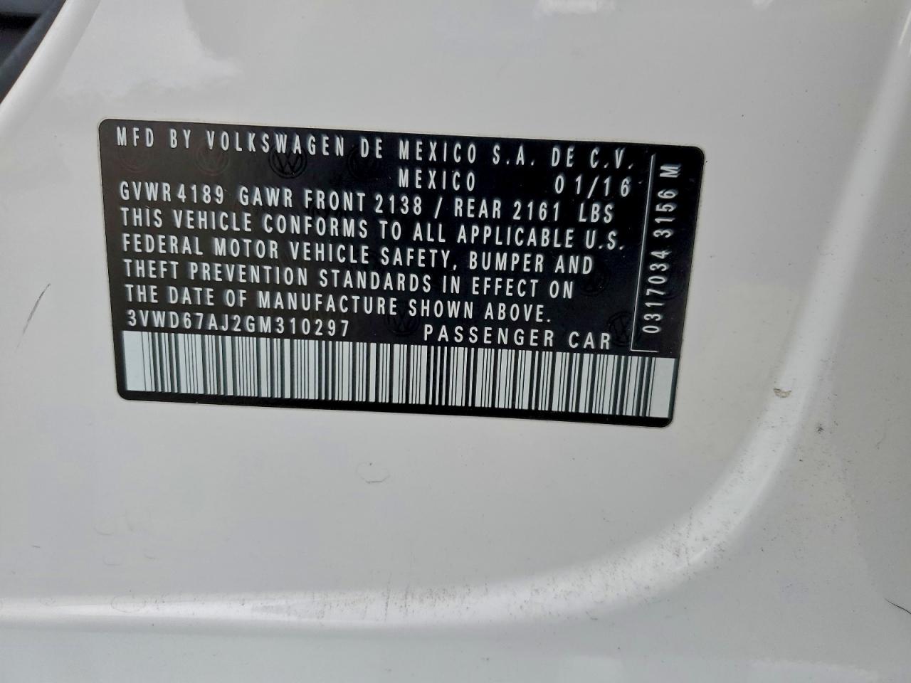 2016 Volkswagen Jetta Se VIN: 3VWD67AJ2GM310297 Lot: 92764585