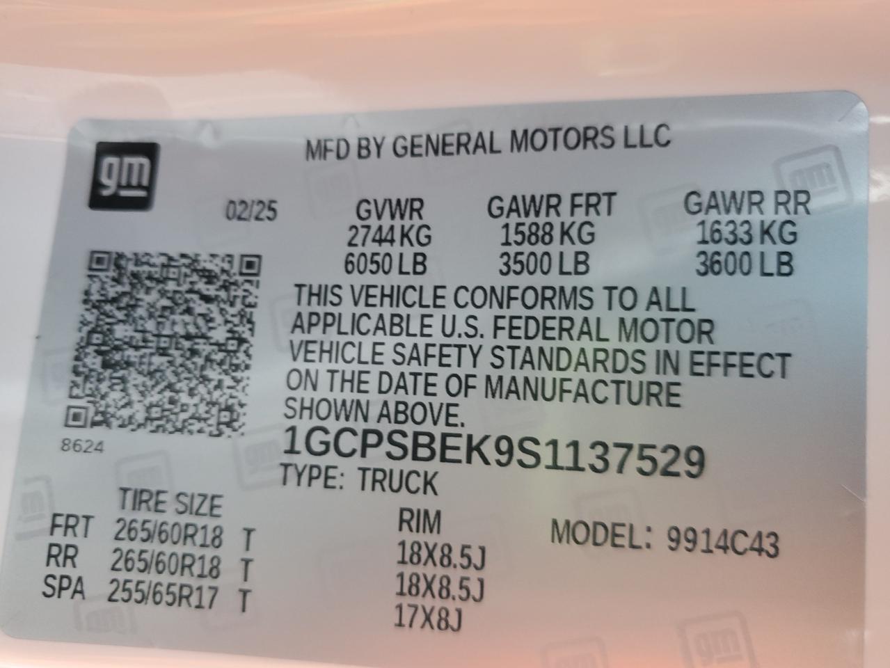 2025 Chevrolet Colorado VIN: 1GCPSBEK9S1137529 Lot: 93777215