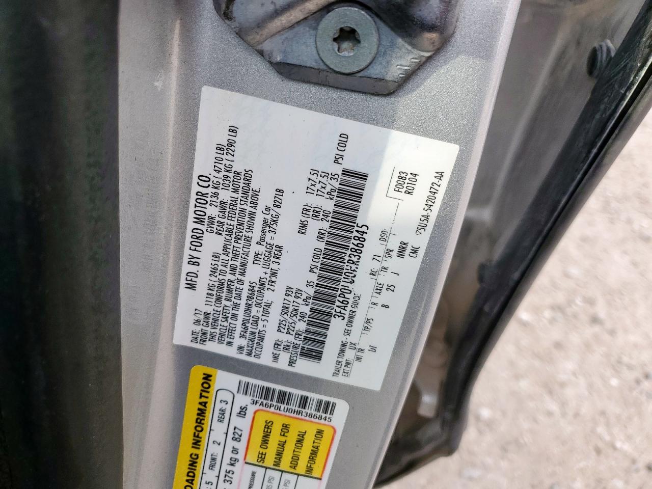 2017 Ford Fusion Se Hybrid VIN: 3FA6P0LU0HR386845 Lot: 93147785