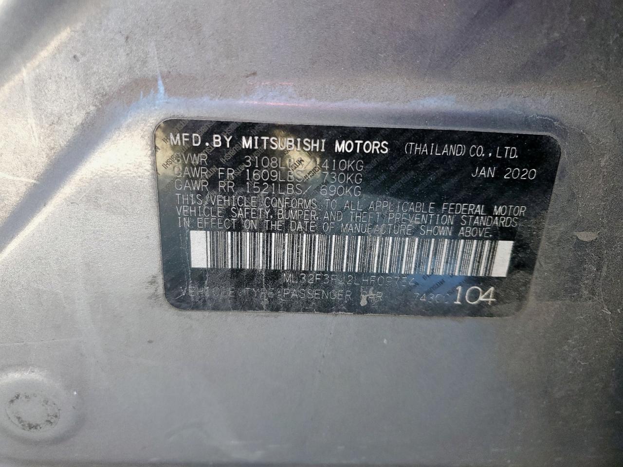 2020 Mitsubishi Mirage G4 Es VIN: ML32F3FJ2LHF09754 Lot: 92251605