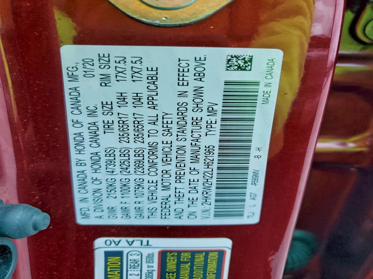 2020 Honda Cr-V Lx VIN: 2HKRW2H22LH621965 Lot: 92881195