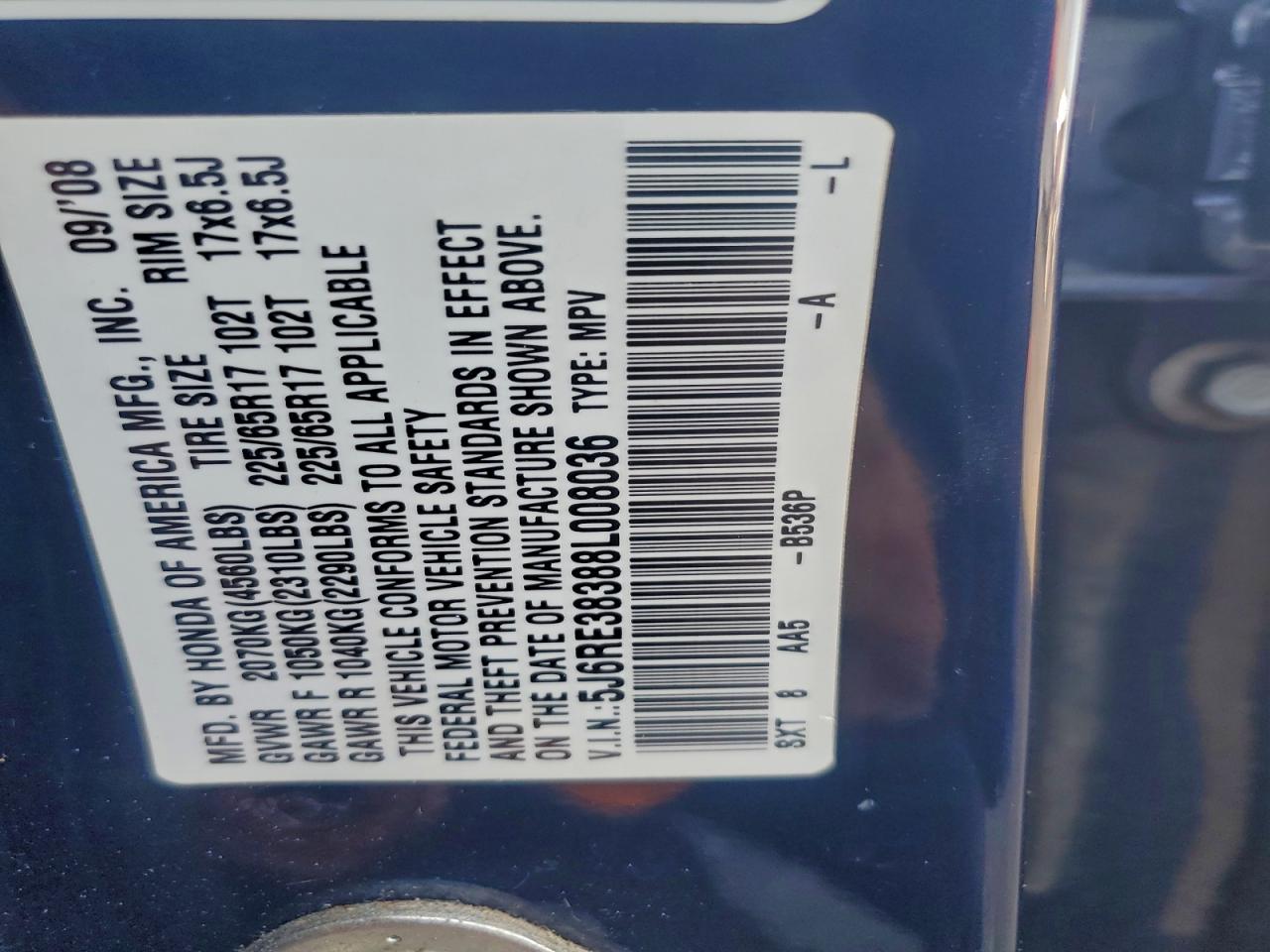 2008 Honda Cr-V Lx VIN: 5J6RE38388L008036 Lot: 93768965