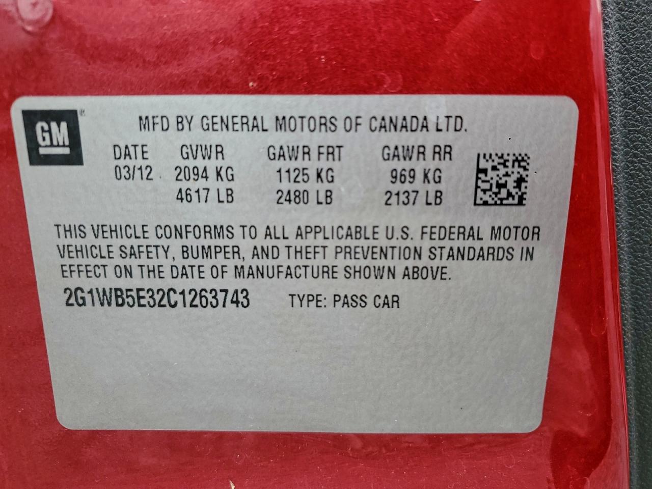 2012 Chevrolet Impala Lt VIN: 2G1WB5E32C1263743 Lot: 94087115