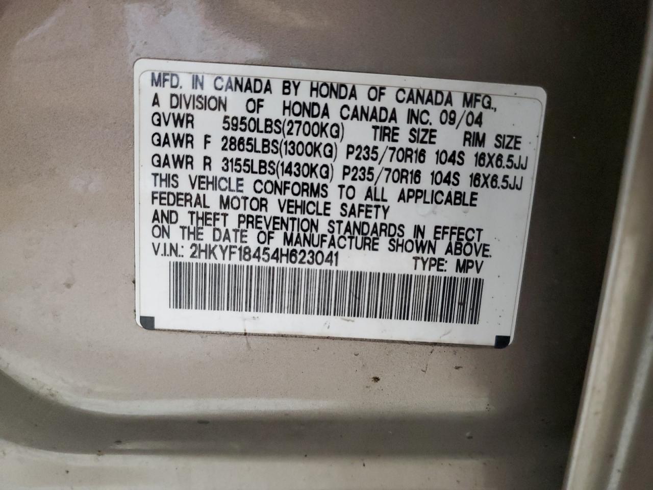 2004 Honda Pilot Ex VIN: 2HKYF18454H623041 Lot: 93285385