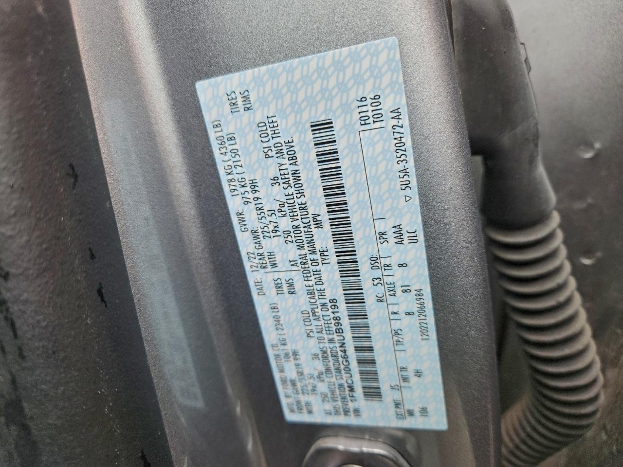 2022 Ford Escape Se VIN: 1FMCU0G64NUB98198 Lot: 93643595