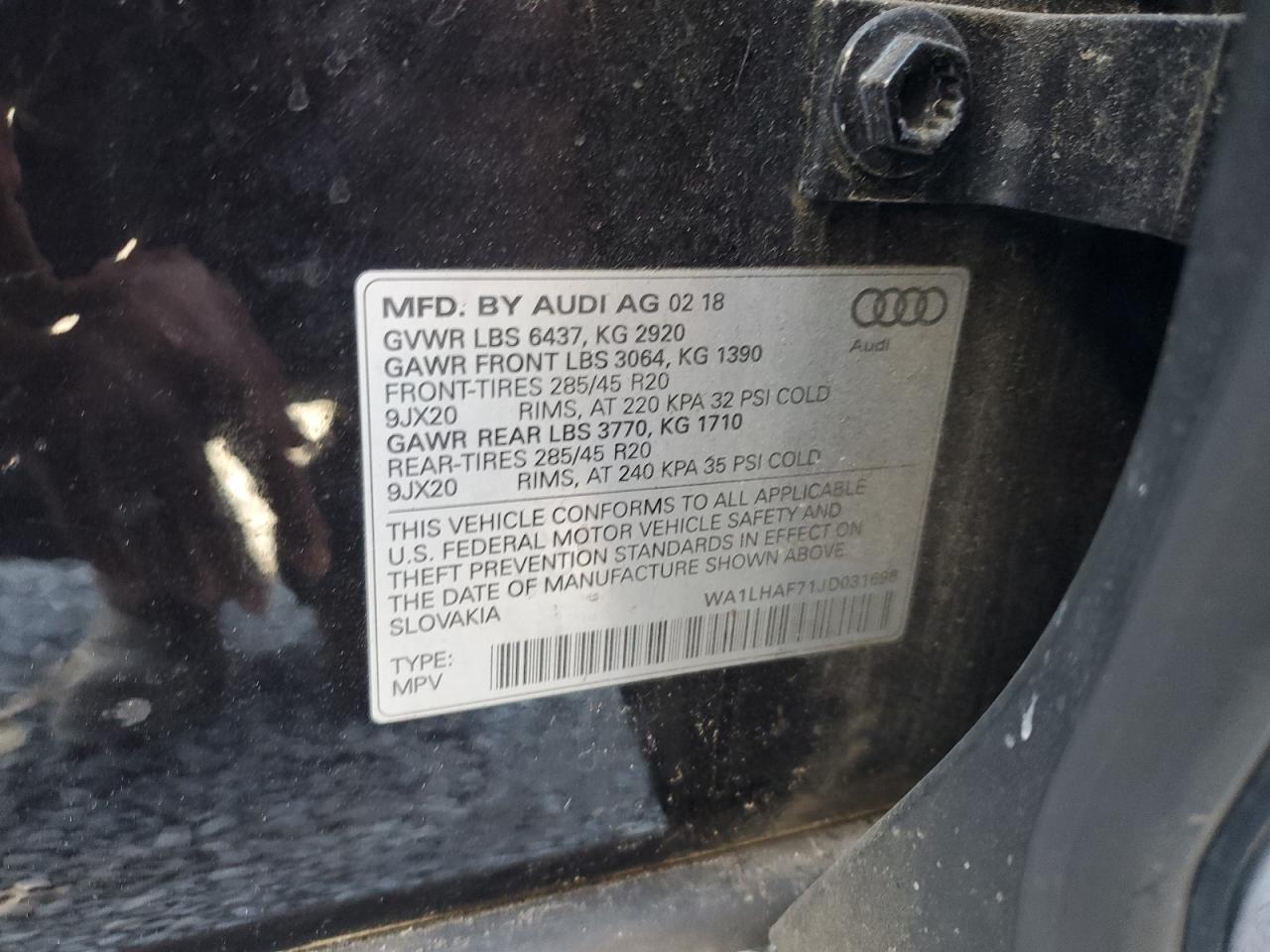 2018 Audi Q7 Premium Plus VIN: WA1LHAF71JD031696 Lot: 85413555