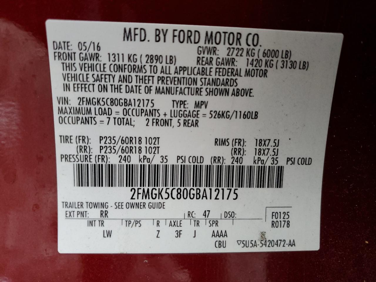 2016 Ford Flex Sel VIN: 2FMGK5C80GBA12175 Lot: 93467625