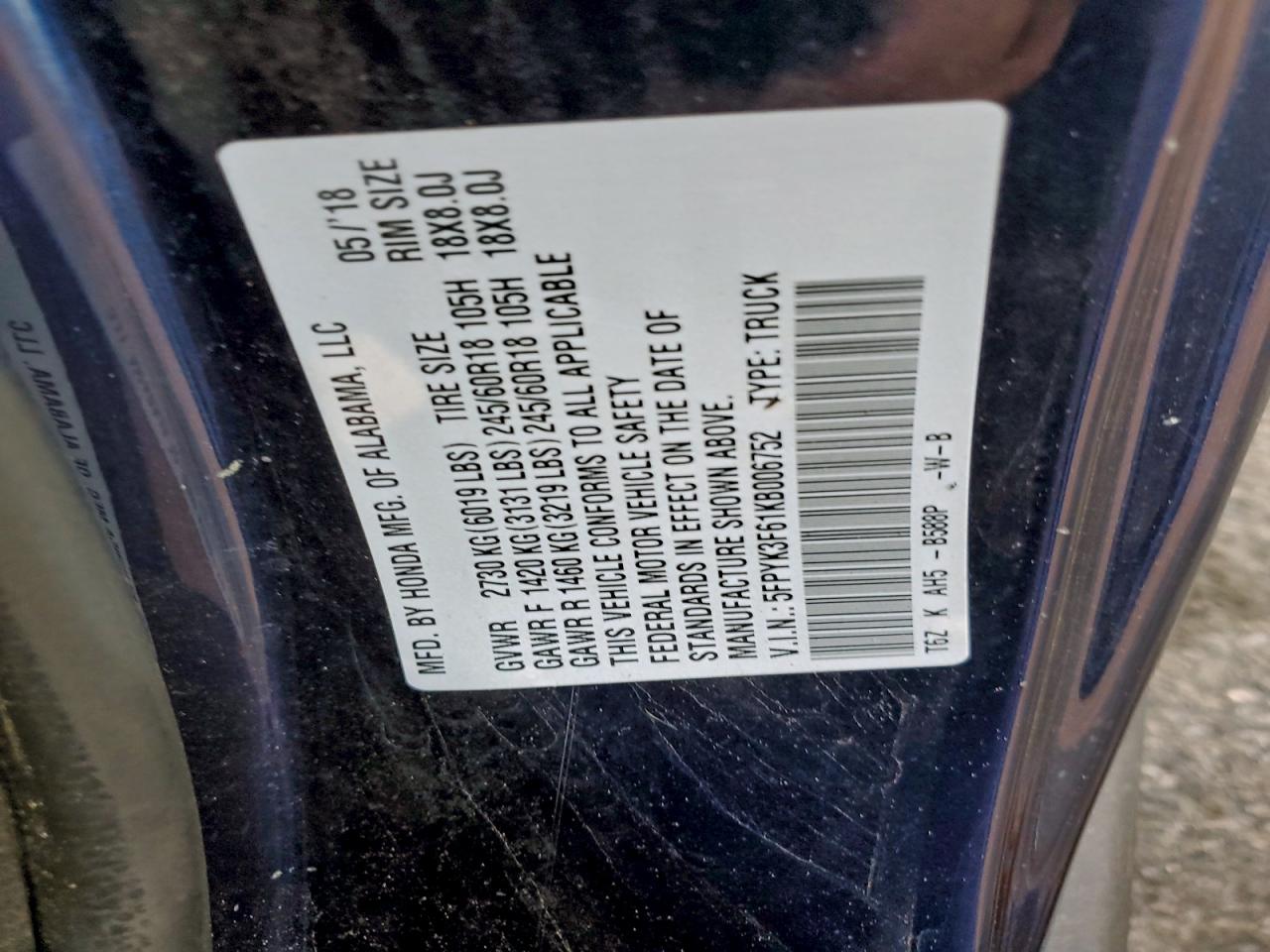 2019 Honda Ridgeline Rtl VIN: 5FPYK3F61KB006752 Lot: 94542885