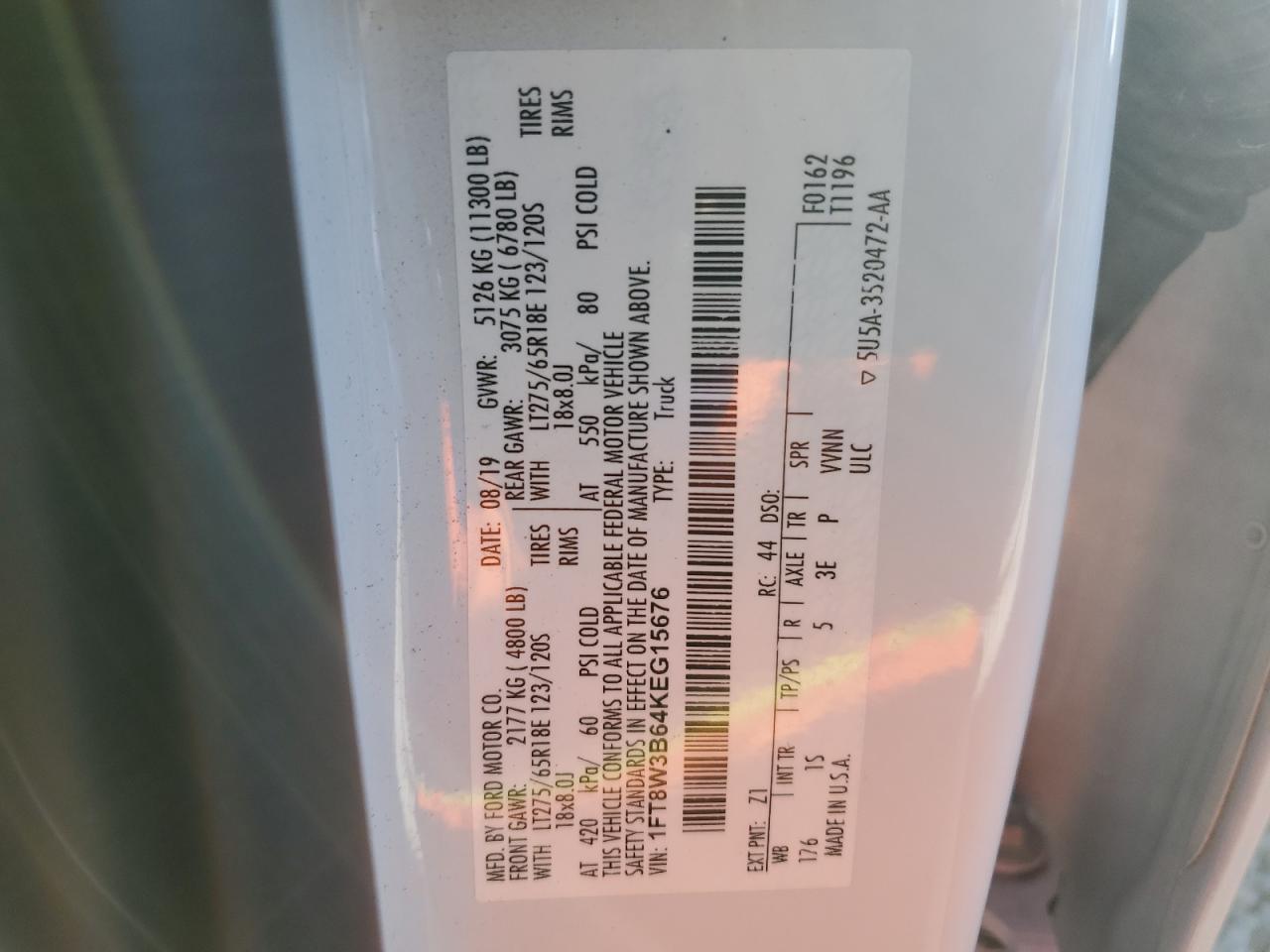 2019 Ford F350 Super Duty VIN: 1FT8W3B64KEG15676 Lot: 90898475