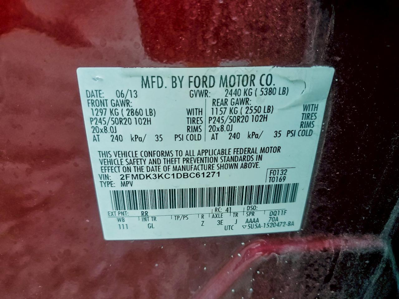 2013 Ford Edge Limited VIN: 2FMDK3KC1DBC61271 Lot: 93531125