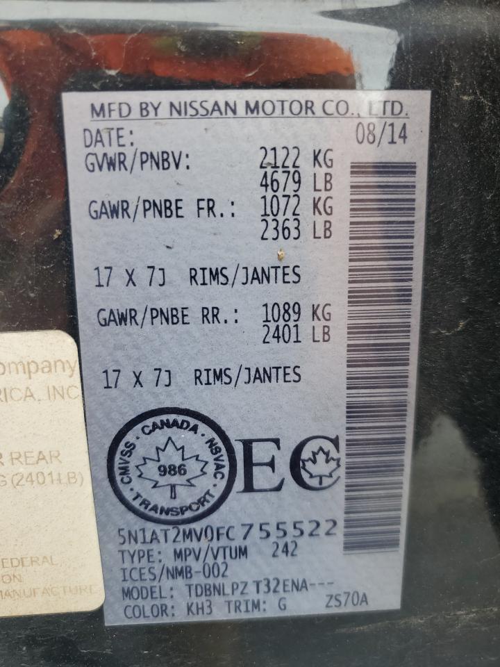 2015 Nissan Rogue S VIN: 5N1AT2MV0FC755522 Lot: 92466925