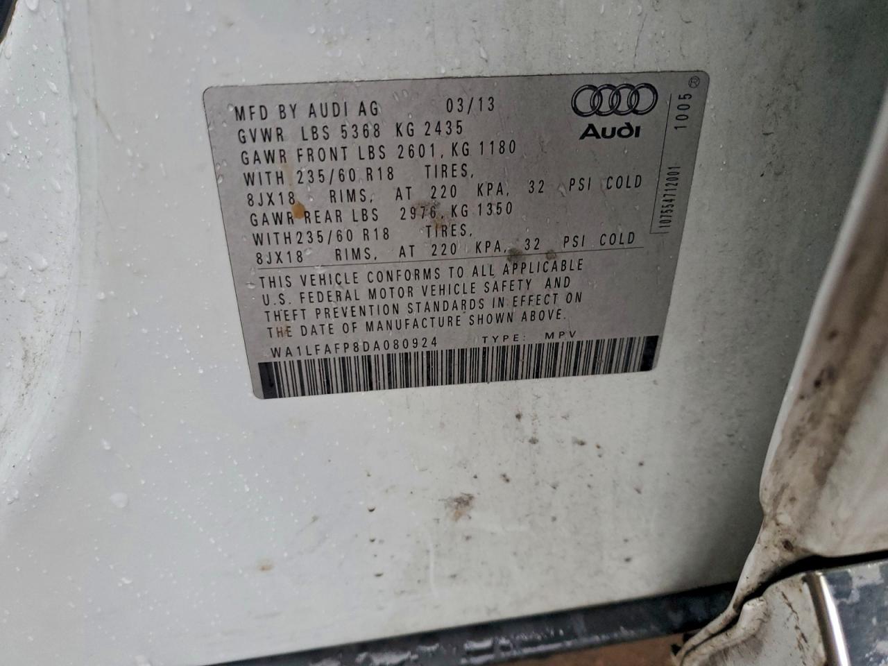 2013 Audi Q5 Premium Plus VIN: WA1LFAFP8DA080924 Lot: 94410855