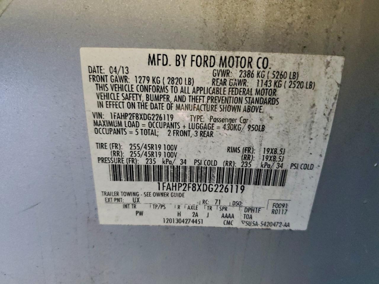 2013 Ford Taurus Limited VIN: 1FAHP2F8XDG226119 Lot: 94780265