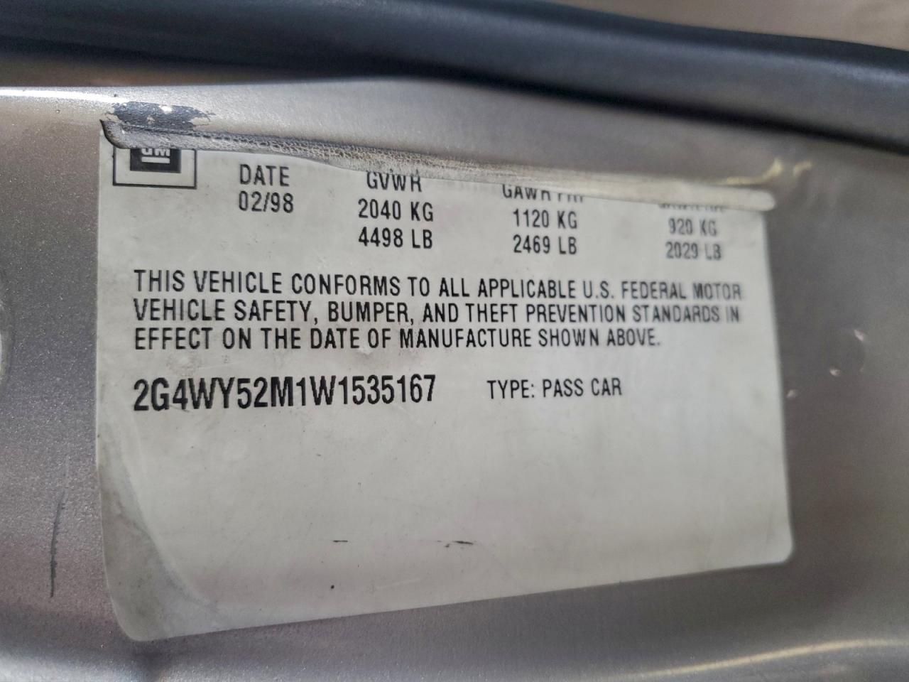 1998 Buick Century Limited VIN: 2G4WY52M1W1535167 Lot: 94167655