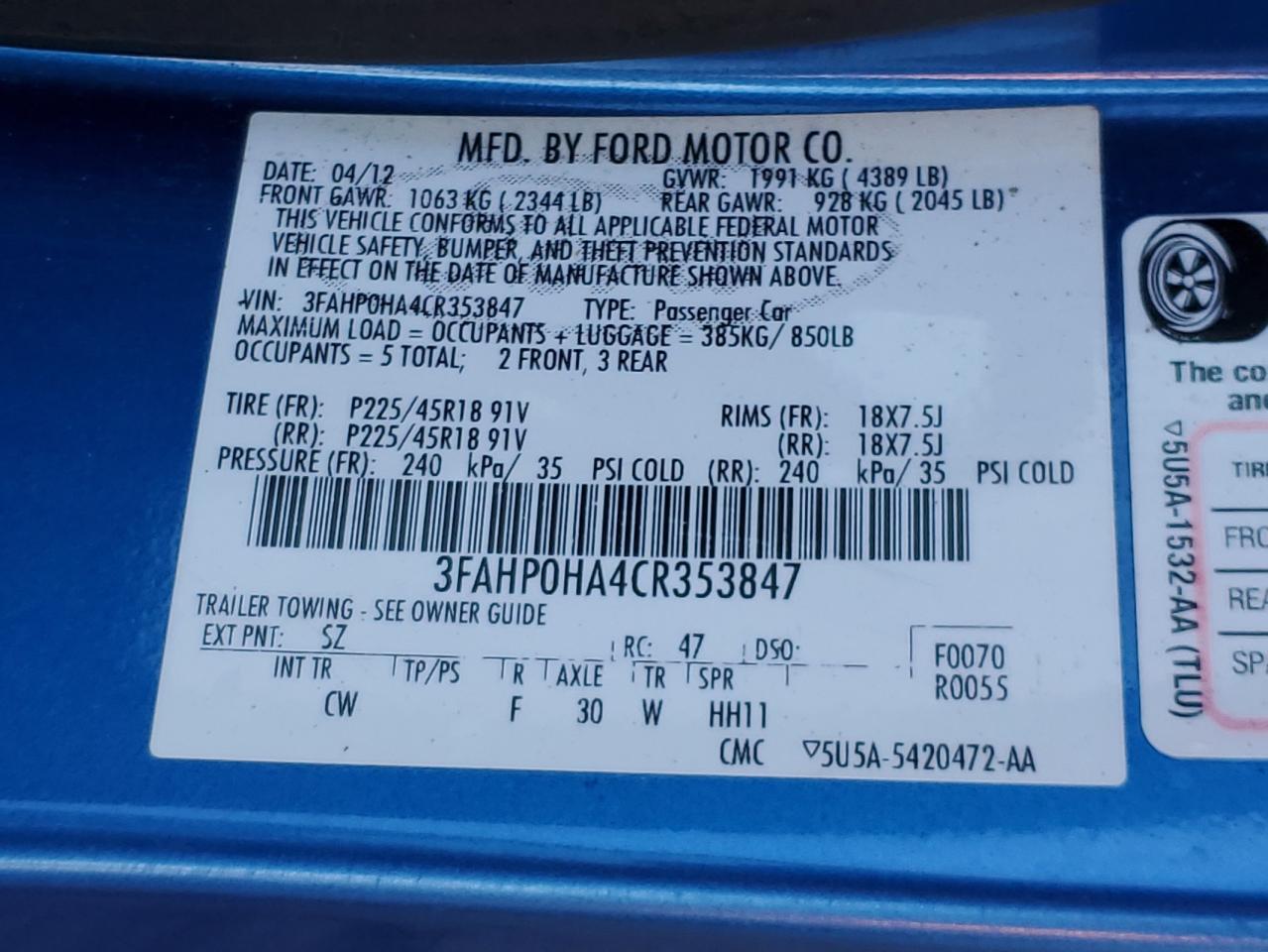 2012 Ford Fusion Se VIN: 3FAHP0HA4CR353847 Lot: 92286635