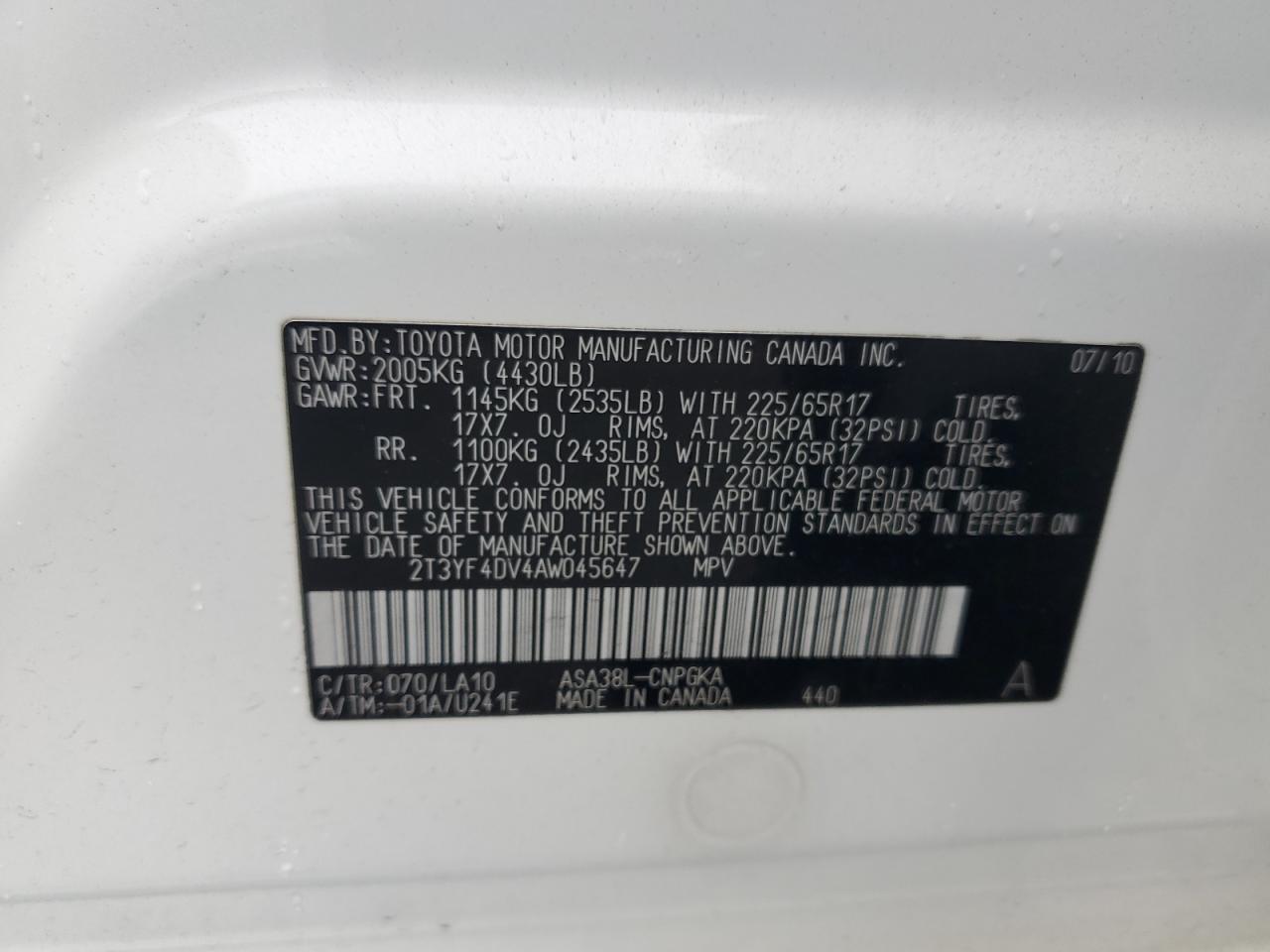 2010 Toyota Rav4 Limited VIN: 2T3YF4DV4AW045647 Lot: 93125025