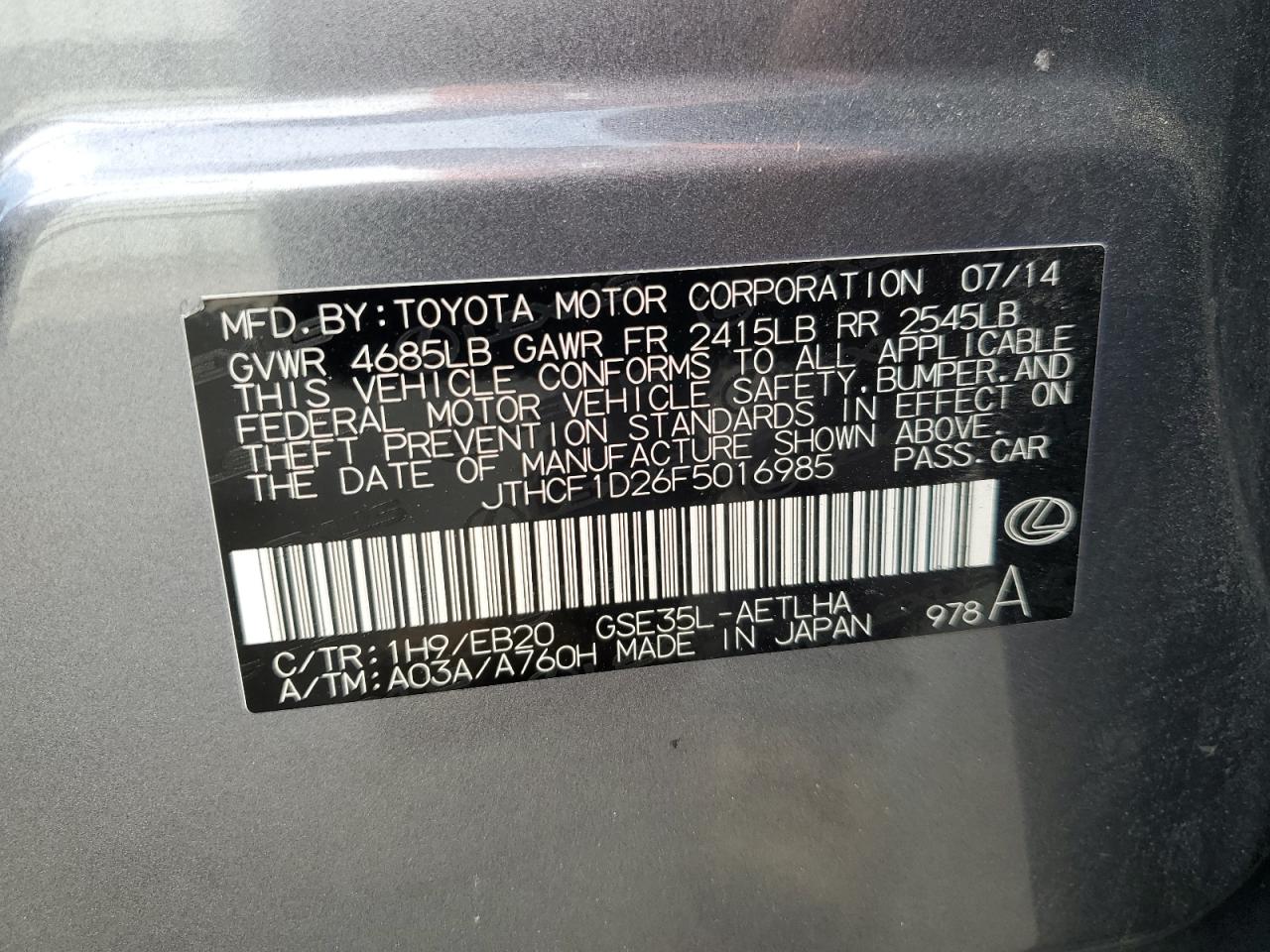 2015 Lexus Is 250 VIN: JTHCF1D26F5016985 Lot: 90902545