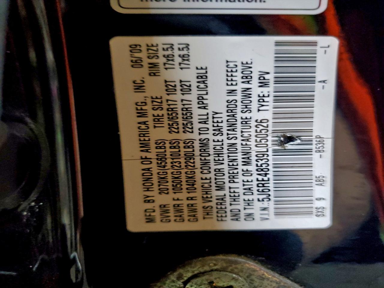 2009 Honda Cr-V Ex VIN: 5J6RE48539L050526 Lot: 94438885