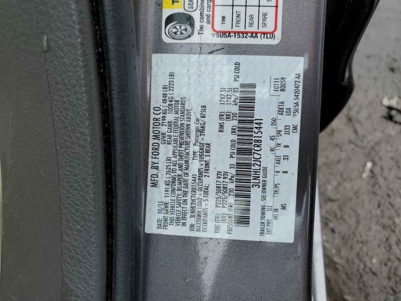 2012 Lincoln Mkz VIN: 3LNHL2JC7CR815441 Lot: 91218705