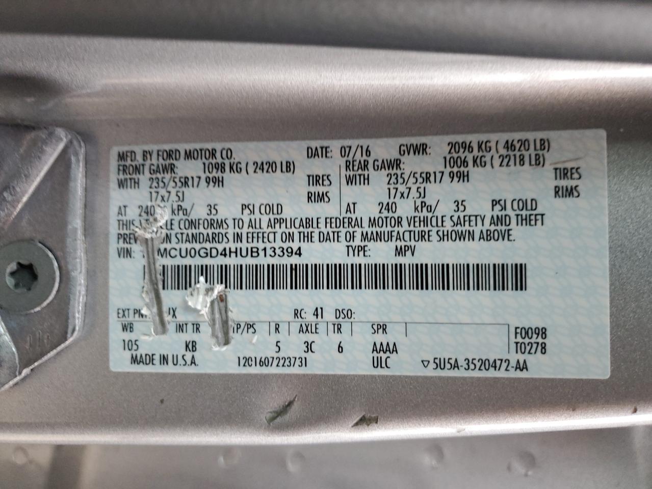 2017 Ford Escape Se VIN: 1FMCU0GD4HUB13394 Lot: 93102445