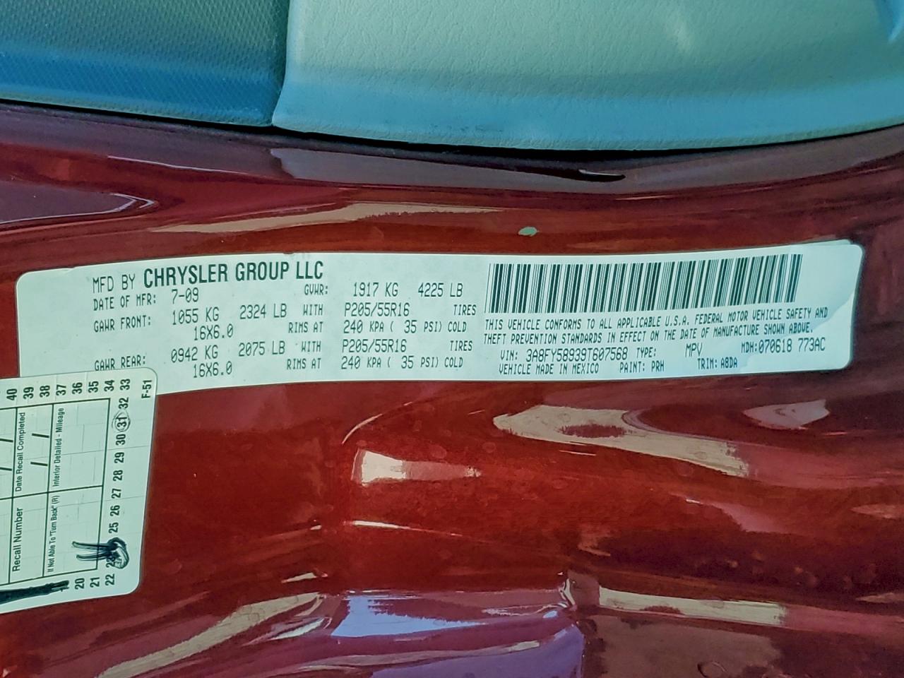 2009 Chrysler Pt Cruiser Touring VIN: 3A8FY58939T607568 Lot: 94188305