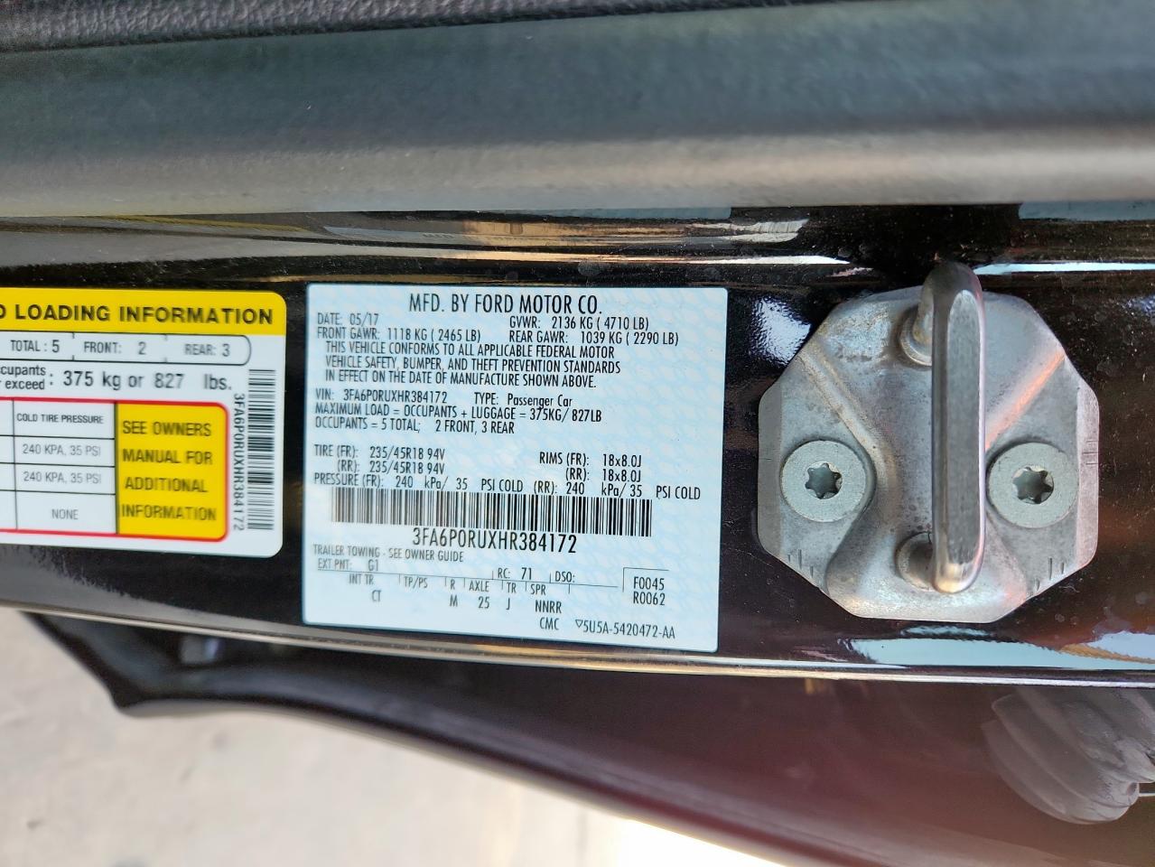 2017 Ford Fusion Titanium Hev VIN: 3FA6P0RUXHR384172 Lot: 92831225