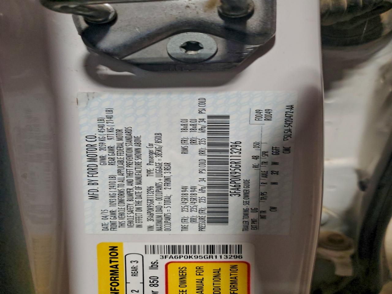 2016 Ford Fusion Titanium VIN: 3FA6P0K95GR113296 Lot: 92941685