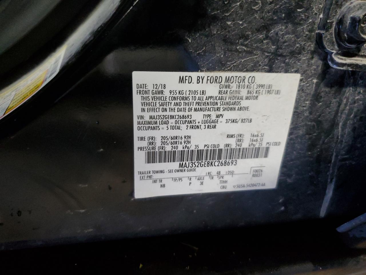 2019 Ford Ecosport Se VIN: MAJ3S2GE8KC268693 Lot: 90635345