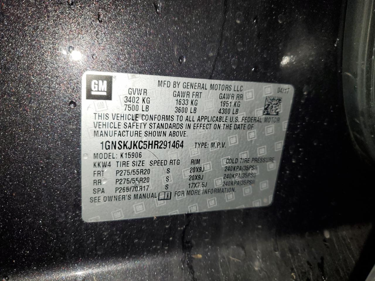 2017 Chevrolet Suburban K1500 Premier VIN: 1GNSKJKC5HR291464 Lot: 92653305