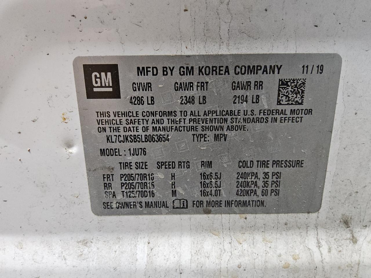 2020 Chevrolet Trax Ls VIN: KL7CJKSB5LB063654 Lot: 89704845