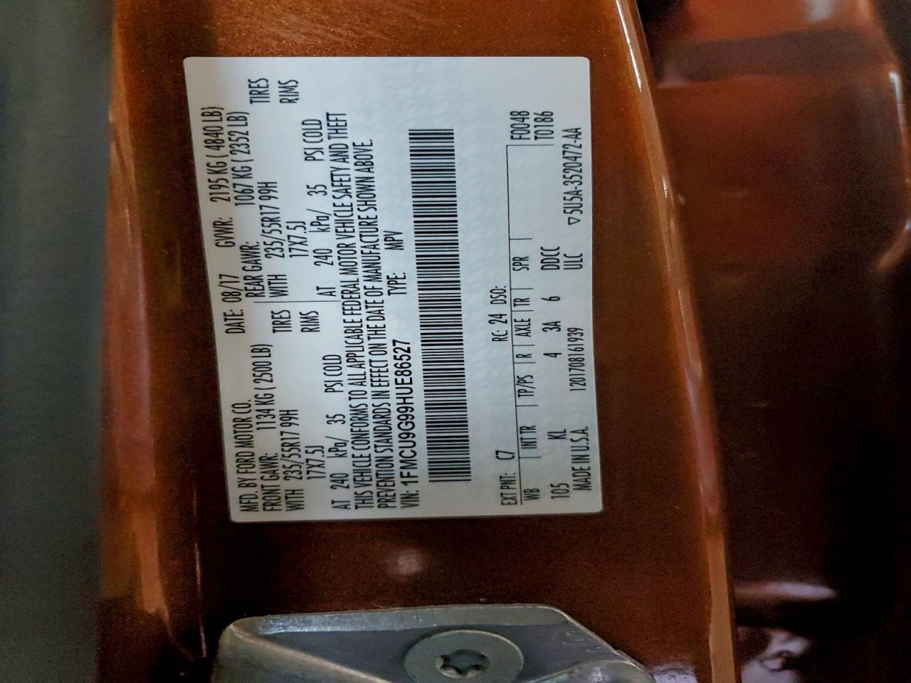 2017 Ford Escape Se VIN: 1FMCU9G99HUE86527 Lot: 93870245