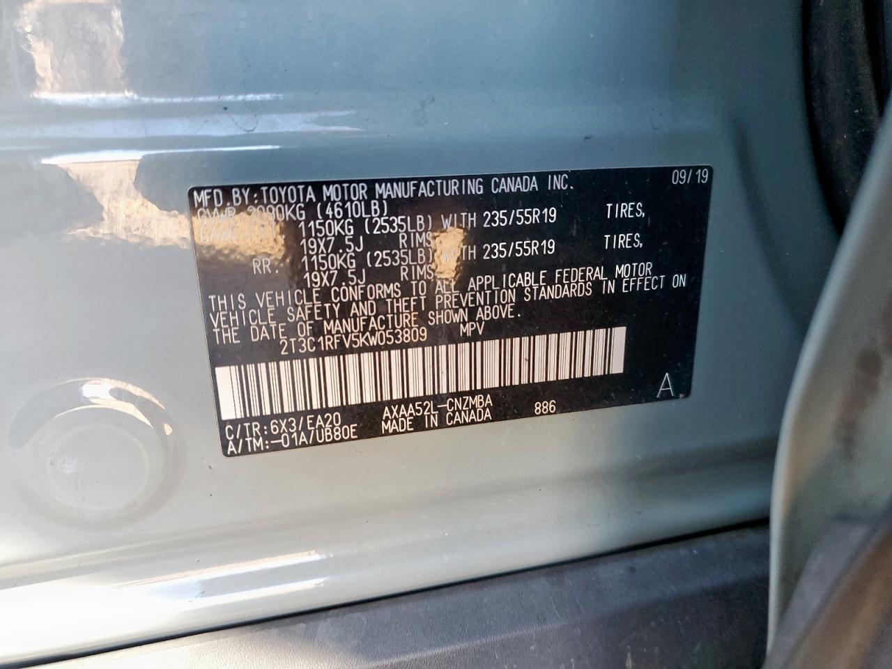 2019 Toyota Rav4 Xle Premium VIN: 2T3C1RFV5KW053809 Lot: 92057305