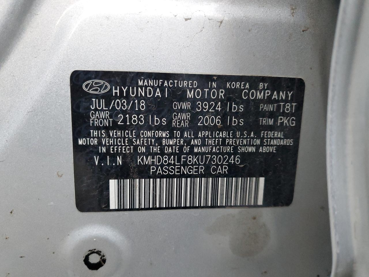 2019 Hyundai Elantra Sel VIN: KMHD84LF8KU730246 Lot: 93357175