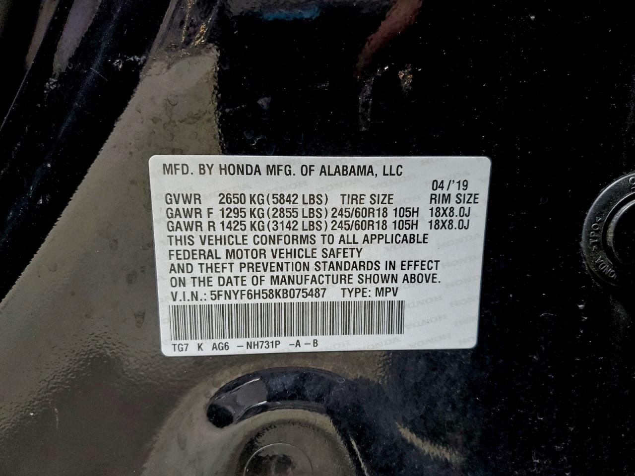 2019 Honda Pilot Exl VIN: 5FNYF6H58KB075487 Lot: 93598675