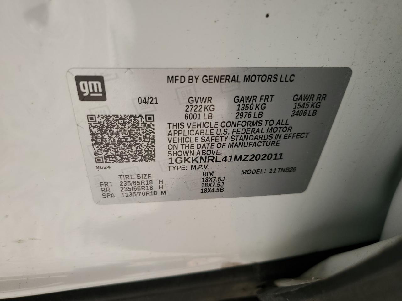 2021 GMC Acadia Sle VIN: 1GKKNRL41MZ202011 Lot: 91661095