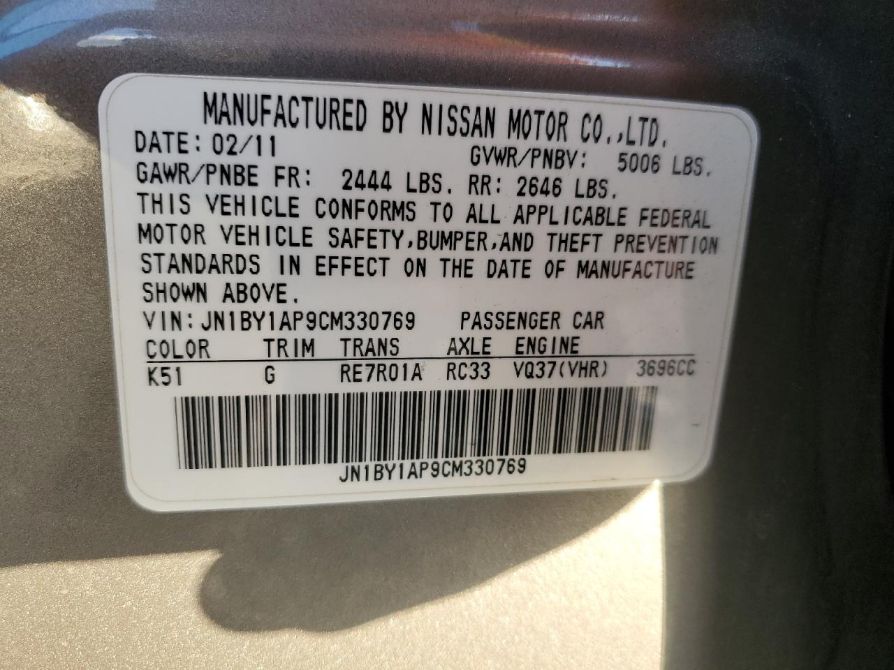 2012 Infiniti M37 VIN: JN1BY1AP9CM330769 Lot: 93331175